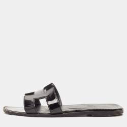 Hermes Black Patent Leather Oran Flat Slides Size 37