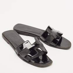 Hermes Black Patent Leather Oran Flat Slides Size 37