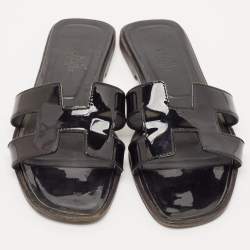 Hermes Black Patent Leather Oran Flat Slides Size 37