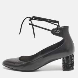 Dior Black Leather Block Heel Ankle Strap Pumps Size 38.5