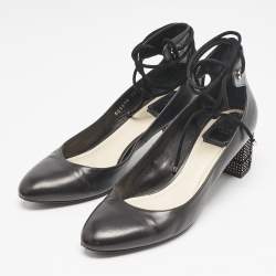 Dior Black Leather Block Heel Ankle Strap Pumps Size 38.5