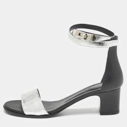 Pre Owned Hermes Silver Leather Manege Ankle Strap Sandals Size 38