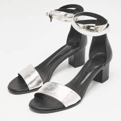 Pre Owned Hermes Silver Leather Manege Ankle Strap Sandals Size 38