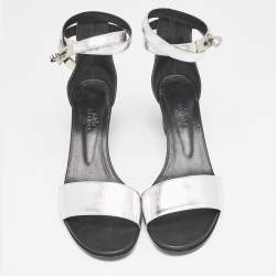 Pre Owned Hermes Silver Leather Manege Ankle Strap Sandals Size 38