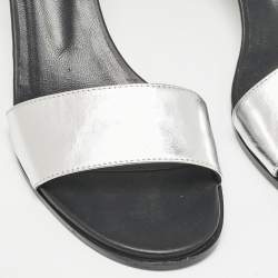Pre Owned Hermes Silver Leather Manege Ankle Strap Sandals Size 38