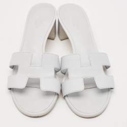 Pre Owned Hermes Grey Leather Oasis Slide Sandals Size 37