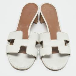 Pre Owned Hermes White Leather Oasis Slide Sandals Size 40.5