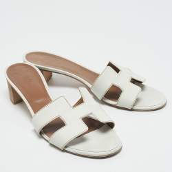 Pre Owned Hermes White Leather Oasis Slide Sandals Size 40.5