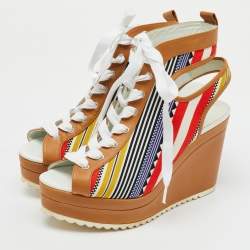 Hermes Multicolor Canvas and Leather Tribal Lace Up Platform Wedge Sandals Size 38
