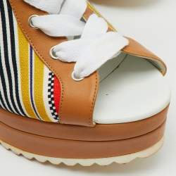 Hermes Multicolor Canvas and Leather Tribal Lace Up Platform Wedge Sandals Size 38