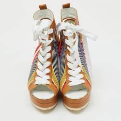 Hermes Multicolor Canvas and Leather Tribal Lace Up Platform Wedge Sandals Size 38