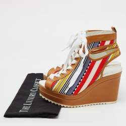 Hermes Multicolor Canvas and Leather Tribal Lace Up Platform Wedge Sandals Size 38
