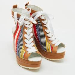Hermes Multicolor Canvas and Leather Tribal Lace Up Platform Wedge Sandals Size 38