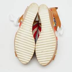 Hermes Multicolor Canvas and Leather Tribal Lace Up Platform Wedge Sandals Size 38