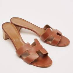 مملوكة مسبقًا Hermes Brown Leather Oasis Block Heel Slide Sandals Size 41.5