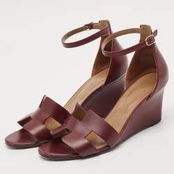 Pre Owned Hermes Burgundy Leather Legend Wedge Sandals Size 41