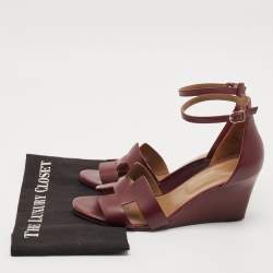Pre Owned Hermes Burgundy Leather Legend Wedge Sandals Size 41
