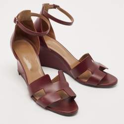 Pre Owned Hermes Burgundy Leather Legend Wedge Sandals Size 41