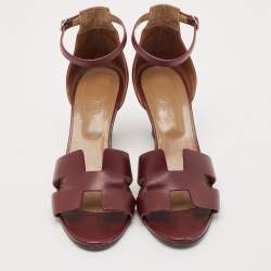 Pre Owned Hermes Burgundy Leather Legend Wedge Sandals Size 41