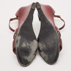 Pre Owned Hermes Burgundy Leather Legend Wedge Sandals Size 41