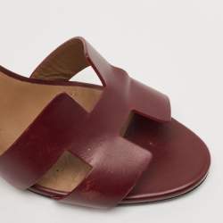 Pre Owned Hermes Burgundy Leather Legend Wedge Sandals Size 41