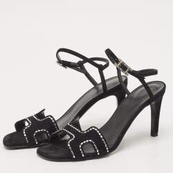 مملوكة مسبقًا Hermes Black Suede Crystal Embellished Heden Sandals Size 37