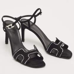 مملوكة مسبقًا Hermes Black Suede Crystal Embellished Heden Sandals Size 37
