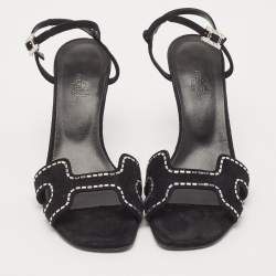 مملوكة مسبقًا Hermes Black Suede Crystal Embellished Heden Sandals Size 37
