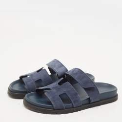 Pre Owned Hermes Navy Blue Suede Chypre Sandals Size 37