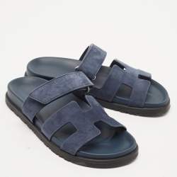 Pre Owned Hermes Navy Blue Suede Chypre Sandals Size 37