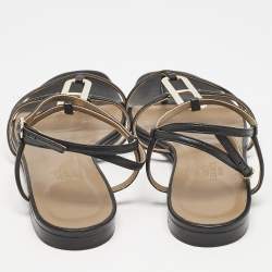 Pre Owned Hermès Black Leather Strappy Flat Sandals Size 37