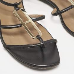 Pre Owned Hermès Black Leather Strappy Flat Sandals Size 37
