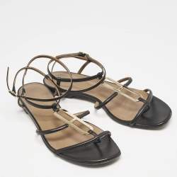Pre Owned Hermès Black Leather Strappy Flat Sandals Size 37