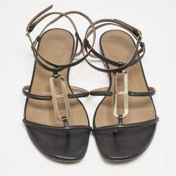 Pre Owned Hermès Black Leather Strappy Flat Sandals Size 37