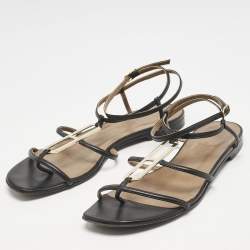 Pre Owned Hermès Black Leather Strappy Flat Sandals Size 37
