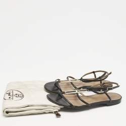 Pre Owned Hermès Black Leather Strappy Flat Sandals Size 37