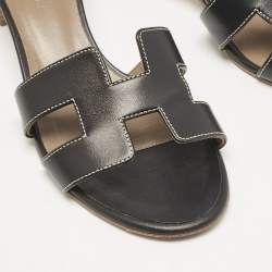 Pre Owned Hermes Black Leather Oasis Slide Sandals Size 37