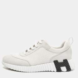 Hermes Grey/White Fabric and Suede Bouncing Low Top Sneakers Size 37