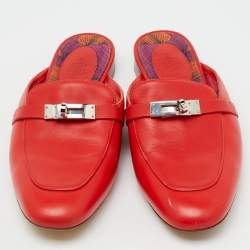 Hermes Red Leather Oz Flat Mules Size 38.5