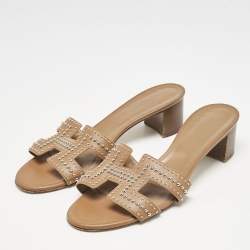 Hermes Brown Leather Oasis Slide Sandals Size 40