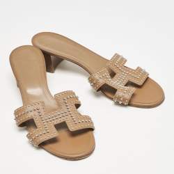 Hermes Brown Leather Oasis Slide Sandals Size 40