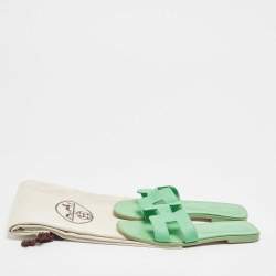 Pre Owned Hermes Green Leather Oran Flat Sandals Size 38.5