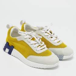 Pre Owned Hermes Grey/Yellow Suede and Mesh Bouncing Sneakers Size 38