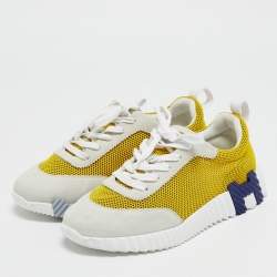 Pre Owned Hermes Grey/Yellow Suede and Mesh Bouncing Sneakers Size 38