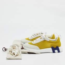 Pre Owned Hermes Grey/Yellow Suede and Mesh Bouncing Sneakers Size 38