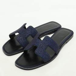 Hermes Blue Crystal Embellished Leather Oran Sandals Size 38