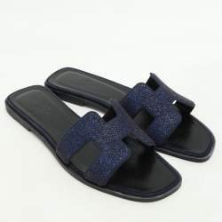 Hermes Blue Crystal Embellished Leather Oran Sandals Size 38