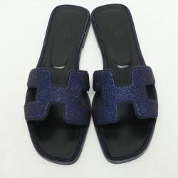 Hermes Blue Crystal Embellished Leather Oran Sandals Size 38