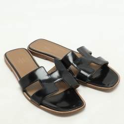 Hermes Black Patent Leather Oran Flat Sandals Size 39