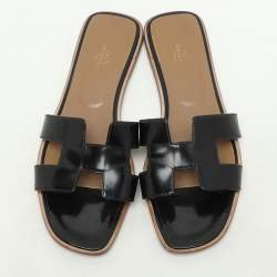 Hermes Black Patent Leather Oran Flat Sandals Size 39
